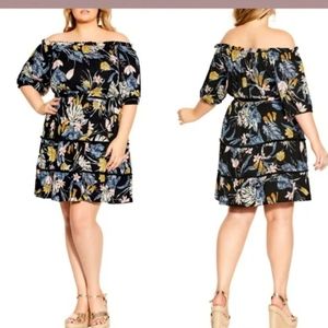 City Chic Black Floral Off the Shoulder Night Jungle Mini Dress Size 16
